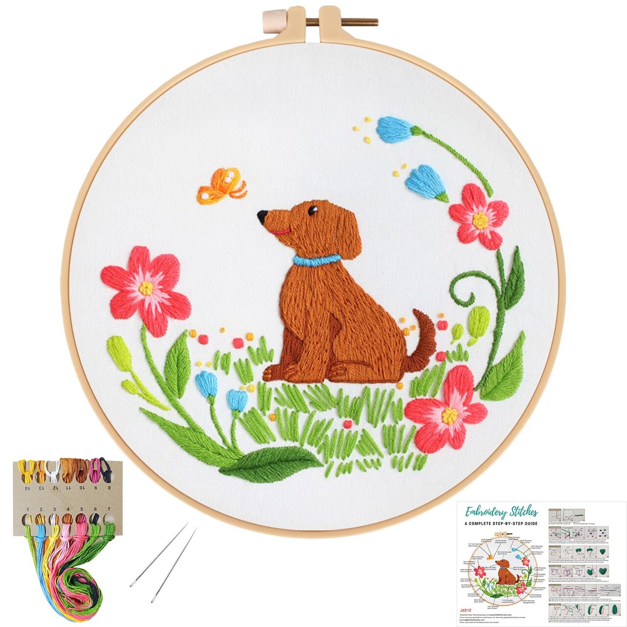 Dog Embroidery Kits for Beginners with Floral Pattern,Cross Stitch Kit for Adults DIY Needlepoint with Embroidery Instructions